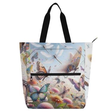 Imagem de Butterflies Dragonflies Spring Tote Womens Work Bag Canvas College School Tote Bolsas Professores Bolsas Amantes Livros Presentes