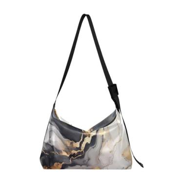 Imagem de Bolsa de ombro branca com folhas tropicais, bolsa tiracolo masculina de couro, alça grossa, Pintura abstrata com cobre e preto-1, One Size