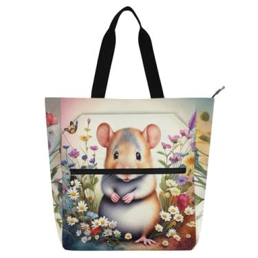 Imagem de GAIGEO Bolsa feminina floral de hamster em aquarela para trabalho, com zíper, bolsa de praia, reutilizável, para amantes de livros