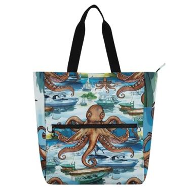 Imagem de GAIGEO Bolsa de mão marrom de lona com zíper para crianças e mulheres, trabalho, escola, livro, tentáculos, porto