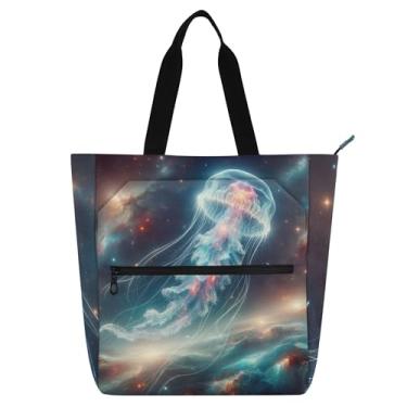 Imagem de Impressionante bolsa de mão espacial de água-viva para mulheres, bolsas de tecido de lona para trabalho, faculdade, escola, viagem, livros, presente para amantes de livros
