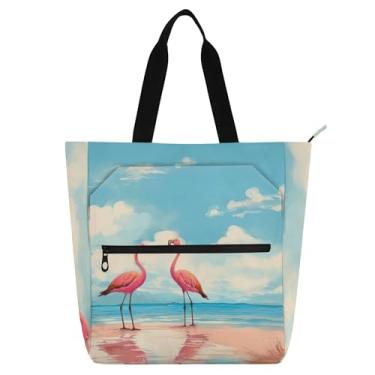 Imagem de Flamingos Beach Aquarela Bolsas femininas para trabalho, lona, faculdade, escola, bolsas para o dia a dia, para amantes de livros, presentes