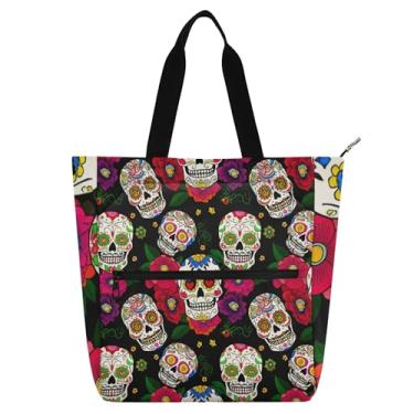 Imagem de GAIGEO Bolsa feminina com caveiras coloridas, flores vibrantes, para trabalho, lona, praia, livro, com zíper, bolsa carteiro com compartimentos