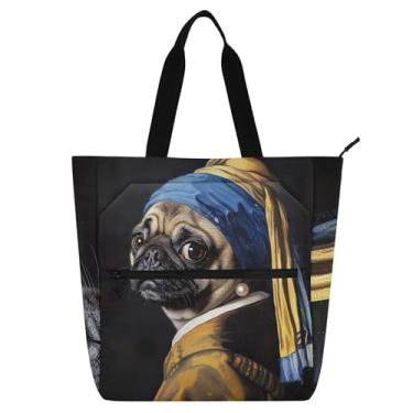 Imagem de GAIGEO Bolsa feminina divertida de pug com brinco de pérola para trabalho em lona escolar bolsa utilitária para escritório com compartimentos