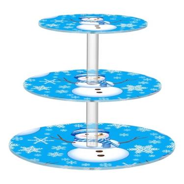 Imagem de Suporte de cupcake de 3 níveis para festa, torre de bolo, decoração de mesa de sobremesa, cupcakes, prateleiras, aniversário, casamento, floco de neve, boneco de neve, azul, inverno