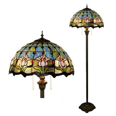 Imagem de Luminária de chão Tiffany com vitral, 40x40x162 cm, estilo Art Nouveau tradicional, com rosas, tulipas, glicínias, libélulas e flores de cerejeira. Luminária de canto antiga com haste.
