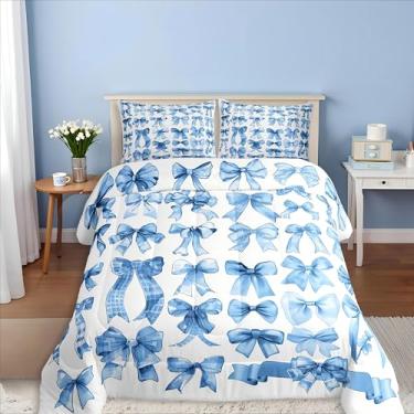 Imagem de Castle Fairy Conjunto de edredom com laço fofo, tamanho Queen, conjunto de cama com laço azul, 3 peças, para decoração de quarto de crianças, adolescentes e adultos, edredom com laço quadriculado