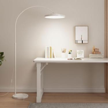 Imagem de Luminária de chão LED de três cores com intensidade ajustável (3000-6000K), estilo arco, branca, minimalista, vertical, com altura regulável, ideal para leitura em salas de estar, quartos ou