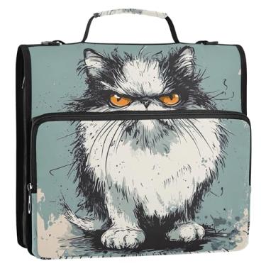 Imagem de Fichário colorido de 3,8 cm com 3 anéis em D com estampa de gato engraçado organizador de zíper portfólio e estojo para pasta de anel bolsa de fichário escolar com alça