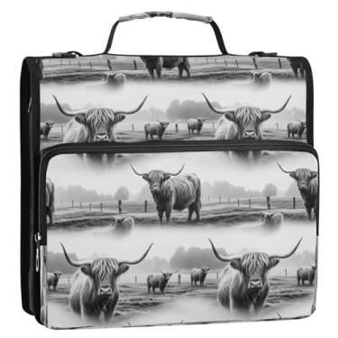 Imagem de Highland Cows Bolsa organizadora de fichário com zíper preto e branco com alça de ombro, 3 anéis de 3 anéis, estojo portfólio para escola, escritório, viagem, armazenamento de documentos