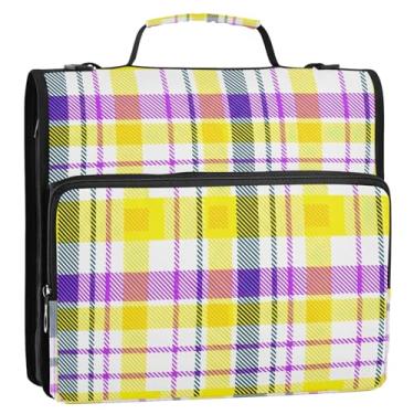 Imagem de Bolsa de fichário amarela xadrez fofa com 3 anéis com alça, organizador de fichário com zíper comporta 500 folhas, portfólio de armazenamento de documentos com vários bolsos para escola ou escritório