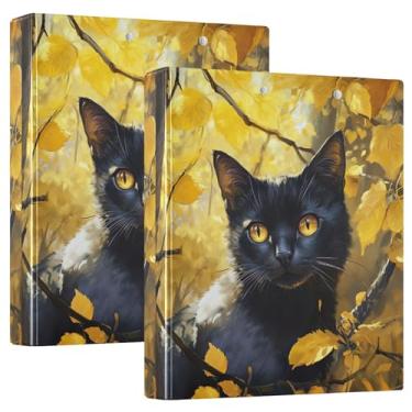 Imagem de Fichários de 3 anéis pretos personalizados de gato fofo floresta amarelo 3 polegadas comporta 200 folhas, portfólio, fofo, redondo, agenda, fichário, 31,5 x 27 x 6 cm, pacote com 2