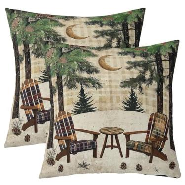 Imagem de jejeloiu Capa de almofada de acampamento infantil Happy Camping 45,7 cm x 45,7 cm Conjunto de 2 capas macias para meninos meninas adolescentes decoração de quarto de cabana rústica fronha árvore