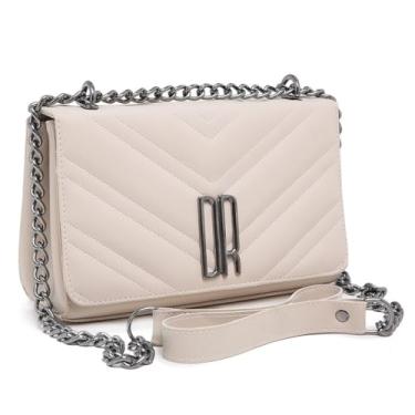 Imagem de Bolsa Feminina de Couro Sintético Preta, Alça de Corrente, Design em V com Fecho Metálico (Bege)