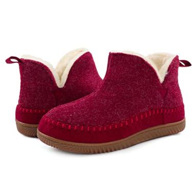 Imagem de ZIZOR Pantufas femininas mocassim com espuma viscoelástica aconchegante, sapatos femininos quentinhos sem cadarço com sola de borracha rígida para uso interno, Vinho, 11
