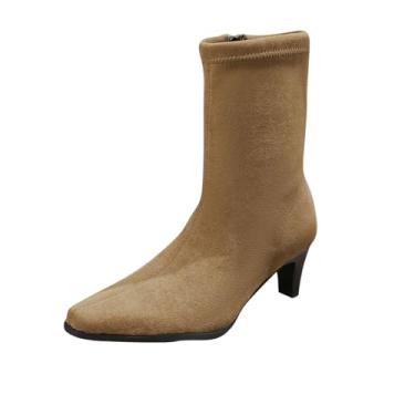 Imagem de Botas femininas modernas de salto alto no tornozelo, casual, com cabeça pontiaguda, confortável, sapatos casuais, Caqui, 38