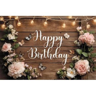 Imagem de Nihilar 3 x 2,4 m Fundo de madeira rústica para feliz aniversário, vintage, com borboletas florais e cordão de luzes, fundo fotográfico para mulheres, boho, festas de aniversário, celebrações
