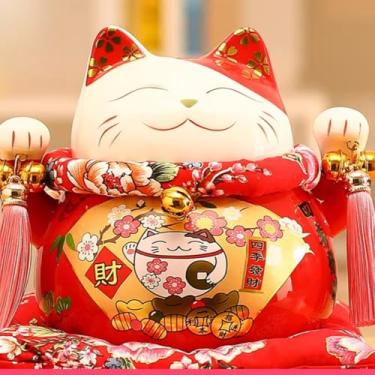 Imagem de FENNYYAR Enfeite de cerâmica estilo chinês Four Seasons Wealth Maneki Neko, 19 cm 18,8 cm, abertura de loja de presente e decoração
