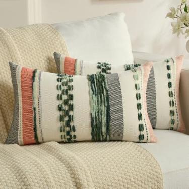 Imagem de FUTEI Capas de almofada boho verde-escuro verde-oliva sálvia 30,5 x 50,8 cm, conjunto de 2, fronhas modernas com detalhes listrados texturizados, travesseiros de fazenda para sofá-cama