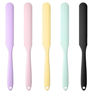 Imagem de 5 espátulas de frasco de silicone, espátula de massa fermentada de cabo longo para misturar raspagem e espalhar, para frascos, bolo, creme de gelo, manteiga e espátulas de cozinha (roxo, rosa, verde