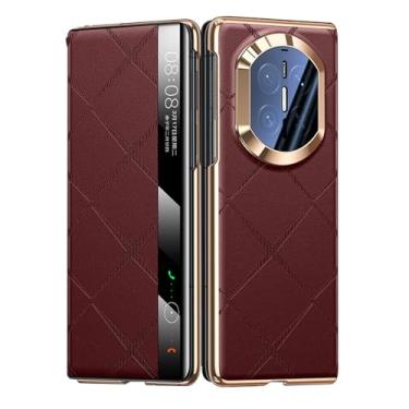 Imagem de POYUFRG Capa fina para Huawei Mate X7, capa flip magnética de couro com revestimento de luxo para janela de visualização inteligente, suporte para carregamento sem fio, vermelha, Mate X7