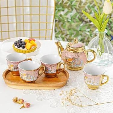 Imagem de Conjunto de Chá em Porcelana Floral com Bule e 4 Xícaras 90ml | Jogo de Chá Decorativo com Acabamento Dourado(JOGO FLOR ROSA 5 peças)