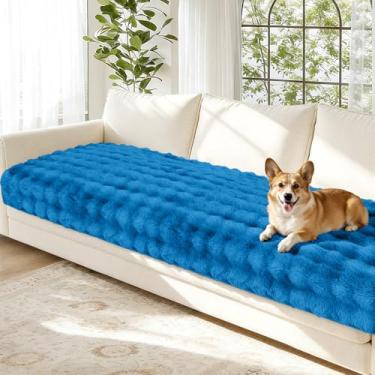 Imagem de Arfntevss Capa de sofá lavável para cães de pelúcia para 3 almofadas para sofá de pele sintética felpuda, 3 assentos, protetor de móveis antiderrapante (azul aveludado, 90 cm x 180 cm)