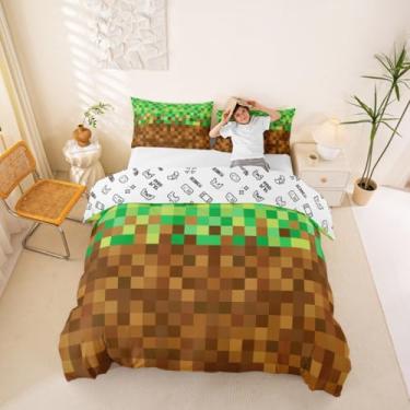 Imagem de Manfei Conjunto de capa de edredom Pixelated, tamanho solteiro, videogame, gamepad, mineiros, decoração de quarto de crianças e adolescentes, capa de edredom de grade geométrica, marrom, verde, 2