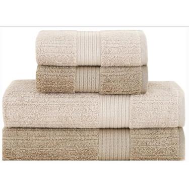 Imagem de Jogo de Toalhas de Banho Fio Penteado Canelado 4 Peças 100% Algodão Alta Absorção Banho e Rosto (Bege claro/Bege escuro)