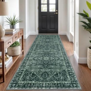 Imagem de KOZYFLY Tapete Boho Runner 9,5 x 2,3 m lavável tapete de corredor estampado de lã sintética para entrada, quarto, cozinha, sala de estar, interior, design macio, durável, verde escuro