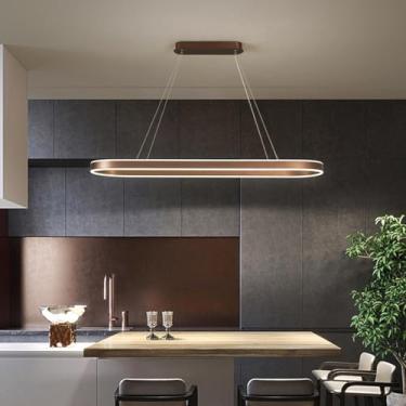 Imagem de Lustre oval LED regulável, moderno, para mesa de jantar ou escritório, com altura ajustável e controle remoto, ideal para sala de jantar, cozinha e sala de estar (cor café, 120 cm de comprim