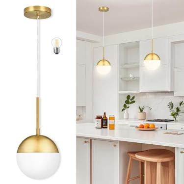 Imagem de Mccokaige Pingentes de luz pendentes modernos de meados do século de 15 cm para ilha de cozinha globo de vidro branco leitoso fosco globo suspenso moderno ajustável em altura para hall de entrada do