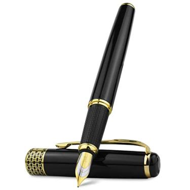 Imagem de DFAMIN Caneta-tinteiro Business da Black Lacquer and Silver/Gold Finish Clip and Trim Free, Office Medium 0,5 mm (ouro preto)