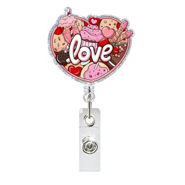 Imagem de Porta-crachá retrátil para Dia dos Namorados, carretéis de crachá de coração fofos com clipe de cinto seguro para chaves, bolo rosa, porta-cartões de identificação resistentes para crachás, prendedor