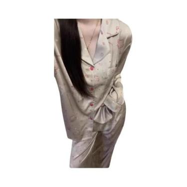 Imagem de Conjunto De Pijama Feminino Com Estampa De Urso Em Poá, Manga Longa, B