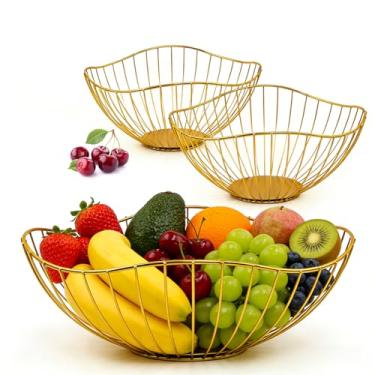 Imagem de Tigela de frutas de metal, pacote com 3 cesta de frutas de malha de arame, balcão de cozinha, suporte de frutas, prato de frutas de arame para vegetais, armazenamento de legumes doces, pão - decoração