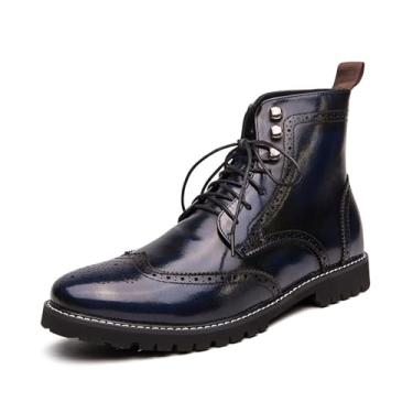 Imagem de Botas masculinas Chukka com cadarço de salto baixo formal de couro sintético botas de motocicleta elegantes e confortáveis para homens Brogue Oxford sapatos de cano alto, Azul, 37