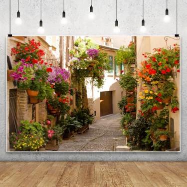 Imagem de Nihilar 3 x 2,4 m fundo de beco floral europeu italiano vintage edifício flor rua fotografia de fundo para casamentos boho, lua de mel, dia dos namorados, tema italiano, festa, jardim, eventos