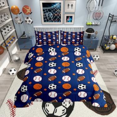 Imagem de Erosebridal Jogo de cama solteiro de rúgbi, futebol, futebol, beisebol, para crianças, adultos, esportes e jogos de bola, edredom azul marinho, todas as estações