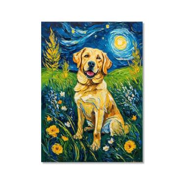 Imagem de Pintura a óleo floral colorida abstrata Van-Gogh Dog Starry Night Pôster em tela de arte de parede impressões engraçadas de animais para decoração de casa e sala de estar de fazenda (SKU14,16x60 cm