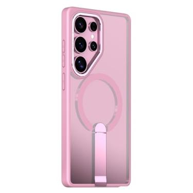 Imagem de POYUFRG Capa magnética para Samsung Galaxy S26 Ultra/S26 Plus/S26, capa de telefone fina translúcida fosca com capa de suporte de metal, rosa, S26 Ultra
