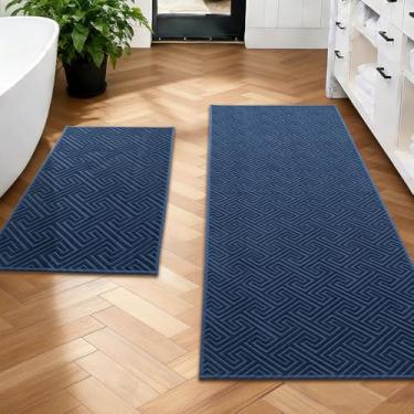 Imagem de YIHOUSE Conjunto de tapetes de banheiro azul marinho, 2 peças, tapete de banho antiderrapante de secagem rápida, absorvente lavável na máquina, tapete de banho fino para banheiro, banheira, lavanderia