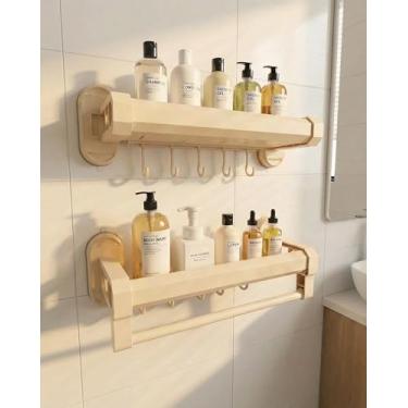 Imagem de JAMESVAN Suporte de chuveiro com ventosa com barra de toalha e 10 ganchos, 2 organizadores e armazenamento de banheiro à prova de ferrugem, prateleiras de chuveiro sem perfuração de grande capacidade