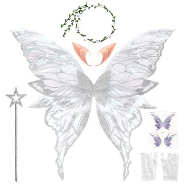 Imagem de Jbnausoy Asas de fada para mulheres adultas, conjunto de fantasia com guirlanda floral, orelhas de elfo, varinha de fada, luvas de renda e adesivos de borboleta, 81,5 x 29,5 cm, asas de borboleta de
