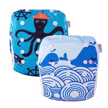 Imagem de Fraldas de natação ALVABABY 2 peças de presente de chá de bebê reutilizável e ajustável tamanho único, Adorable Jellyfish and Sharks, one size ( 0-2 Year old)