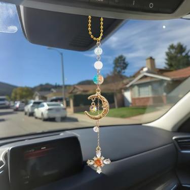 Imagem de Pingente de carro de sol e lua pendurado, decoração automotiva boho - decoração de espelho retrovisor com pedras de cristais de cura feitos à mão, lindo ornamento interior acessórios de carro