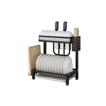 Imagem de Escorredor de pratos de aço inoxidável, escorredor de pratos de 2 camadas, organizador de balcão de cozinha, suporte de utensílios, suporte de tábua de corte, preto