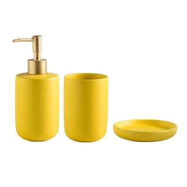 Imagem de Lindo conjunto de acessórios de banheiro de cerâmica de 3 peças inclui dispensador de sabão de loção, copo de enxaguante bucal, saboneteira decoração de banheiro (amarelo)