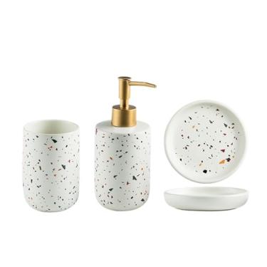 Imagem de Lindo dispensador de sabão de banheiro de 3 peças com garrafa bomba, copo de enxaguante bucal, saboneteira decoração de banheiro