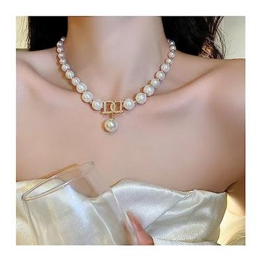 Imagem de x3anggyt5 Colar com letras de pérolas grandes, luxo leve, temperamento de clavícula de nicho, design de alta qualidade e colares com sentido de corrente para mulheres